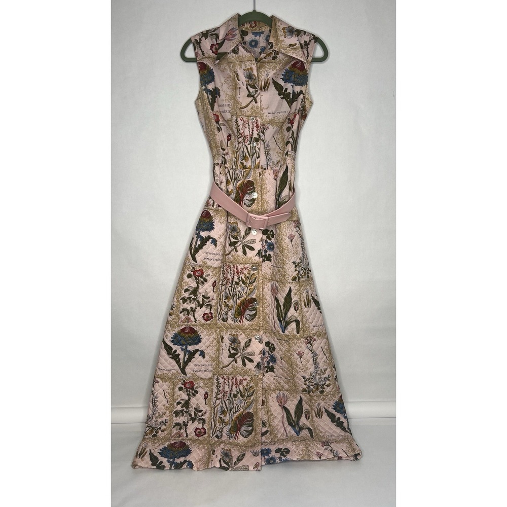Vtg 1960s Handmade Quilted Sleeveless Maxi Dress Floral Block Belt Pink